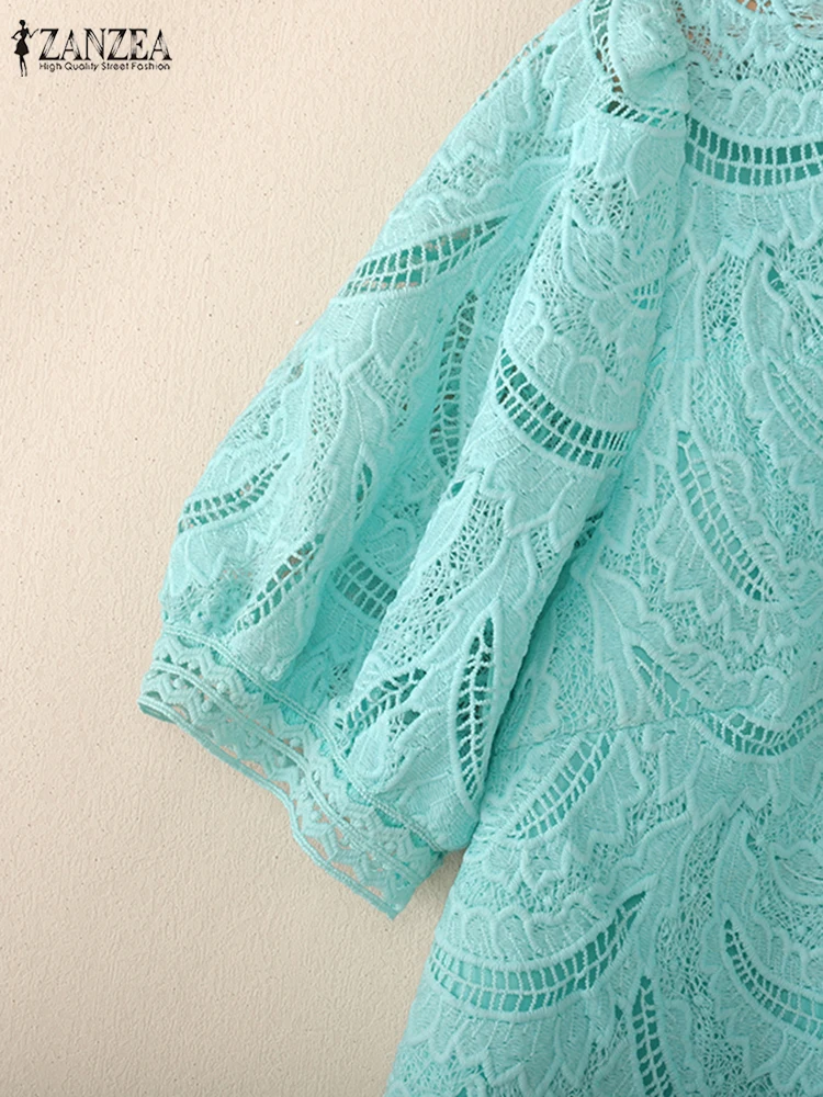 ZANZEA Elegant Chic Openwork Lace Patchwork Blouse Women Stand Collar Short Puff Sleeve Solid Color Tops Woman Clothing 3 Colors