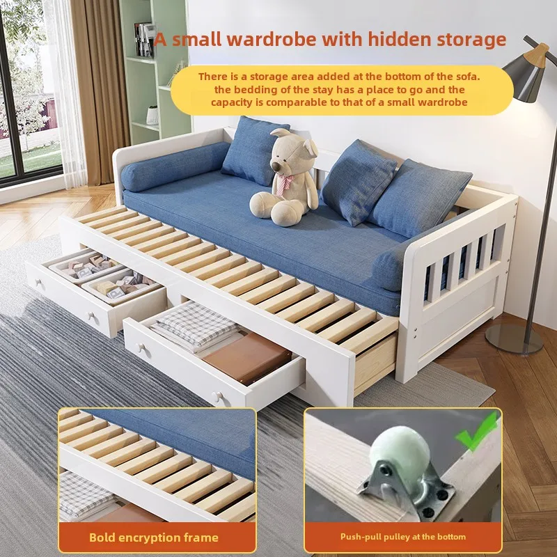 Solid wood dual-purpose sofa folding bed Single pull-out push-pull bed