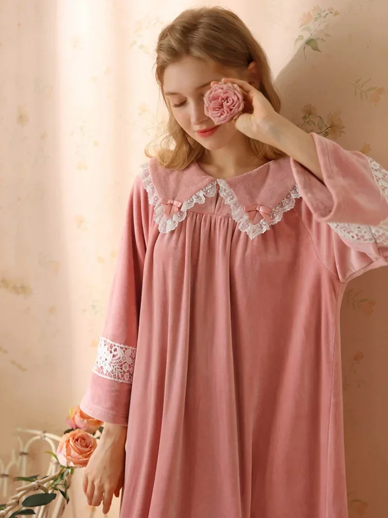 

Women Fairy Sleepwear Night Dress Autumn Winter Cute Flannel Long Sleeve Sweet Girl French Princess Fleece Pajama Nightgowns