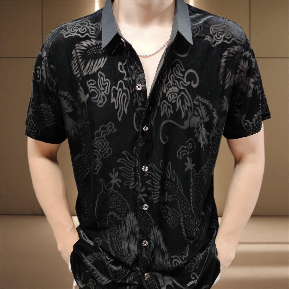 

Loong Pattern Velvet Shirt Men Transparent Short Sleeve Sexy Shirt Top Blouse Social Club Outfits Party See Through Lace Shirt