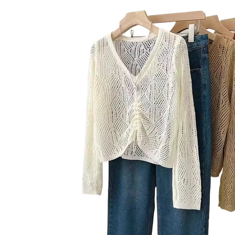 Aushöhlen Pullover Pullover Frühling Sommer 2025, Neue V-ausschnitt Sonnencreme Pullover Für Frauen Lose Elegante Kordelzug Kurze Top