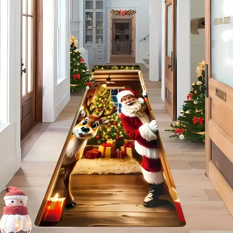 VIKAMA 3D Santa Reindeer Christmas Runner Mat Gift Tree Printed Anti Wear Non Slip Floor Rug Kitchen Balcony Farmhouse Deco