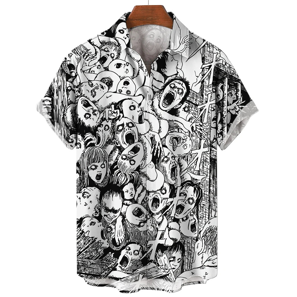Camisa masculina estampada em 3D, moda havaiana, tops de grife, roupas de streetwear, góticas, manga curta, botão, verão