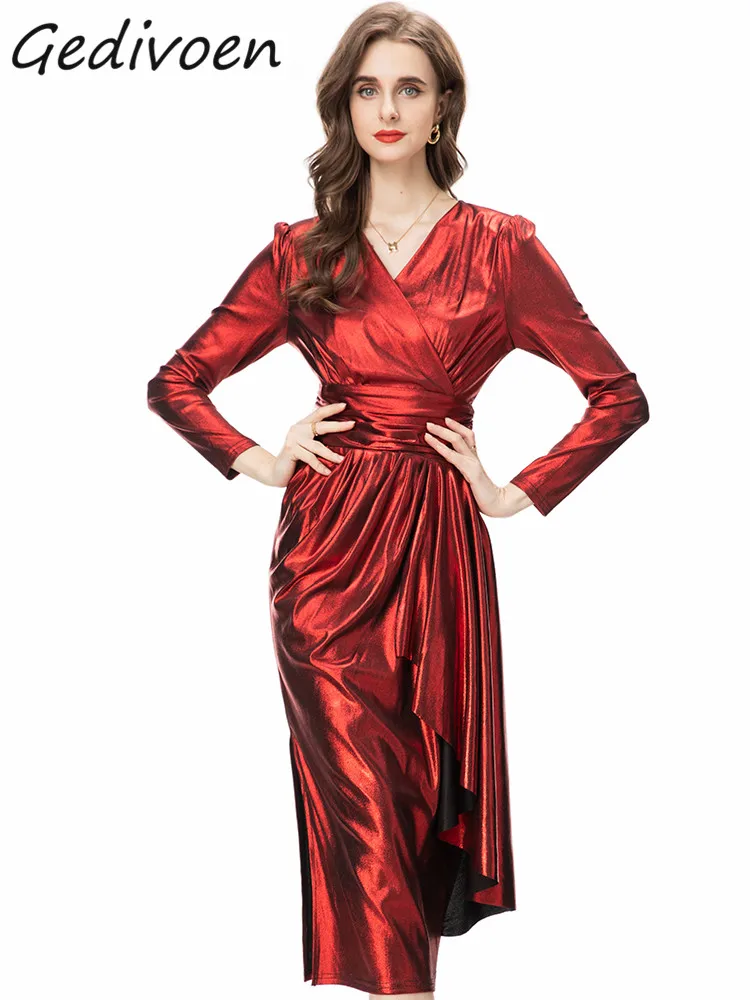 

Gedivoen Autumn Fashion Designer Red Vintage Party Dress Women's V Neck Ruffles High Waist Package Buttocks Slit Slim Long Dress