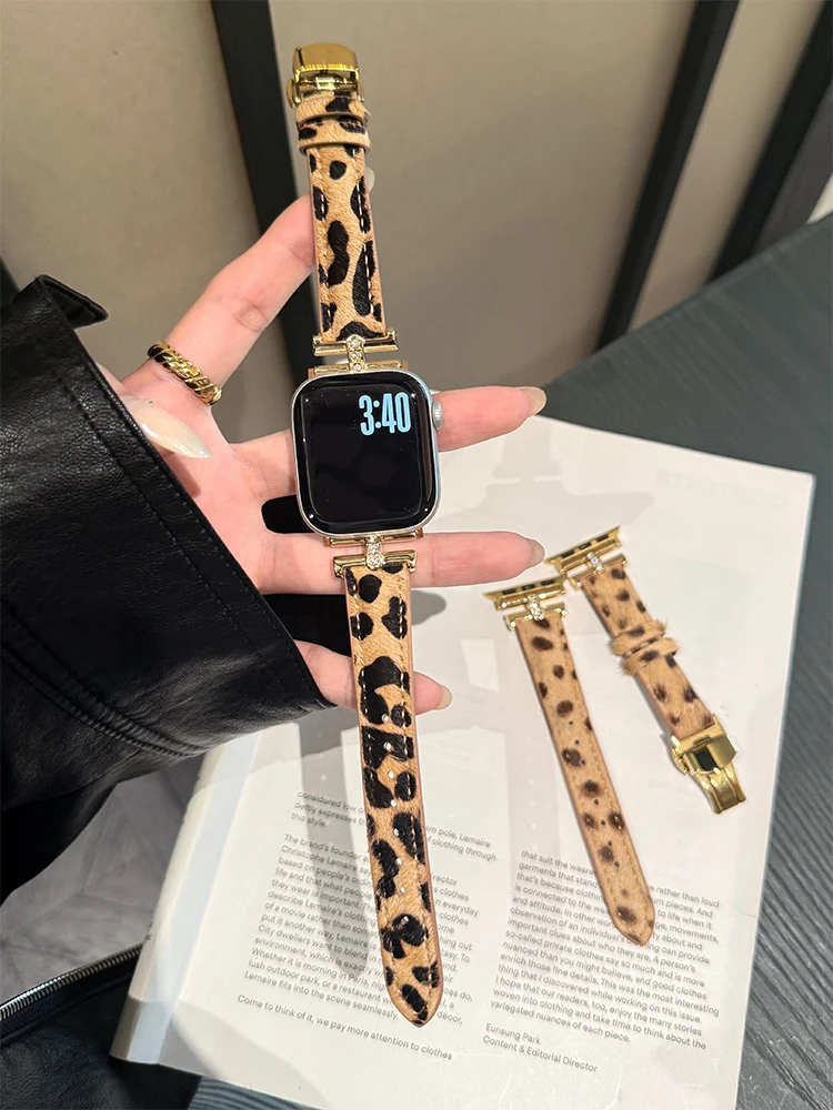 Cinturino in pelle di lusso per iWatch Ultra 10 9 8 7 6 5 4 cinturino sottile con stampa leopardata per Apple Watch 38mm 40mm 41mm 42mm 45mm 46mm 49mm