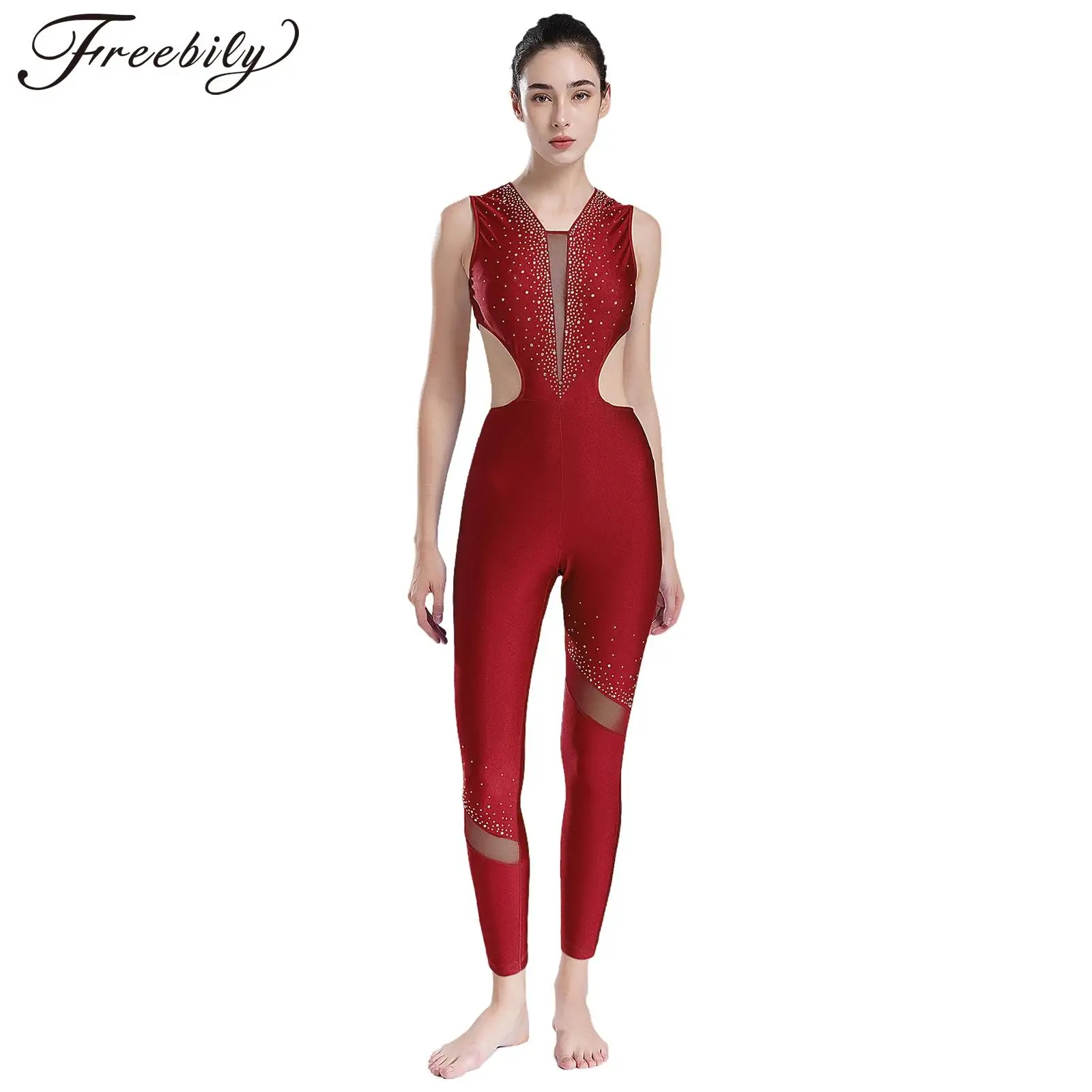 Womens Rhythmic Gymnastics Jumpsuit Figure Skating Costume Cutout Back Sleeveless Acrobatics Jumpsuit Ballet Tutu Dance Leotard