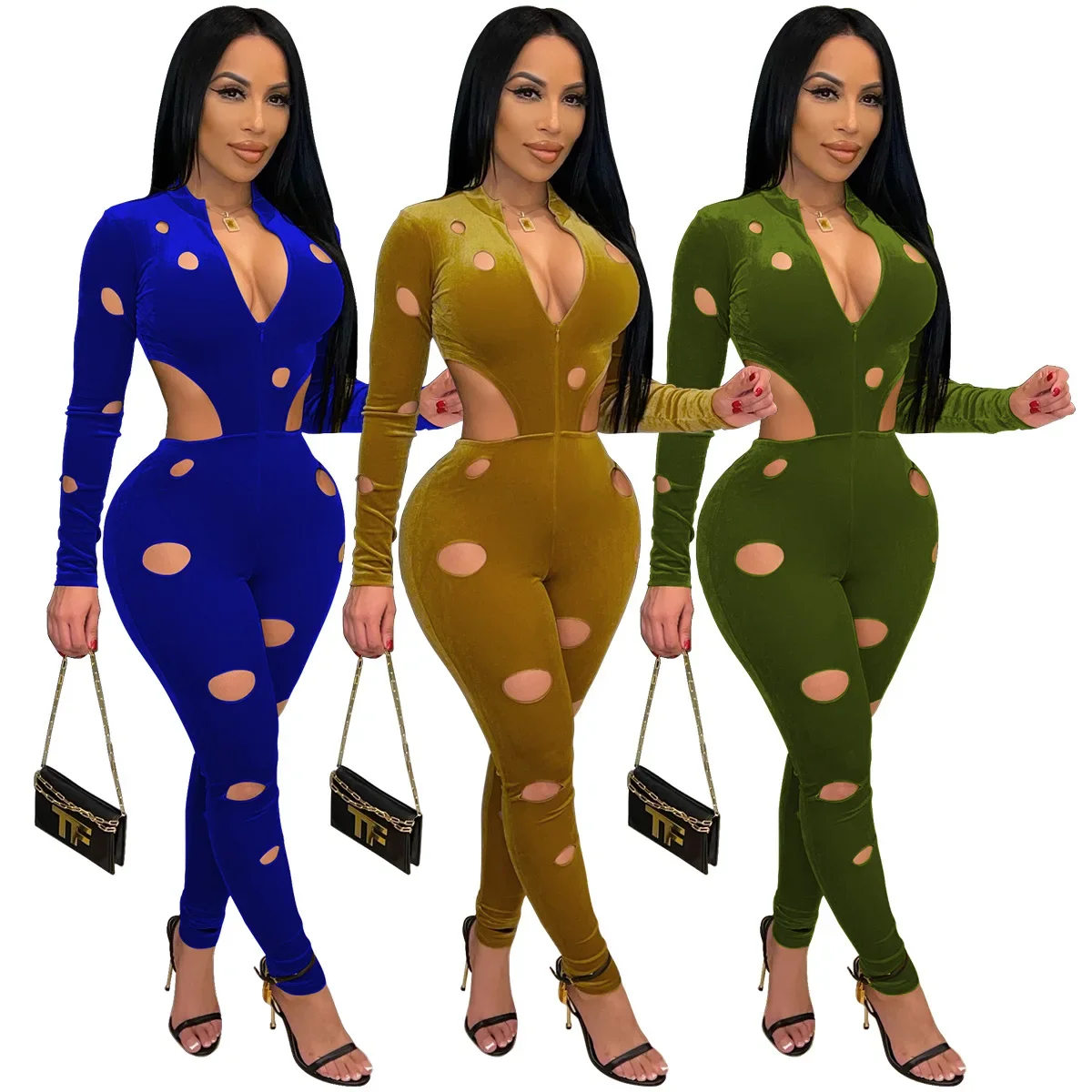 Amazon Independent Station European American Cross-border Best Seller Tight Zipper Burned Hole Women's Jumpsuit Clothing