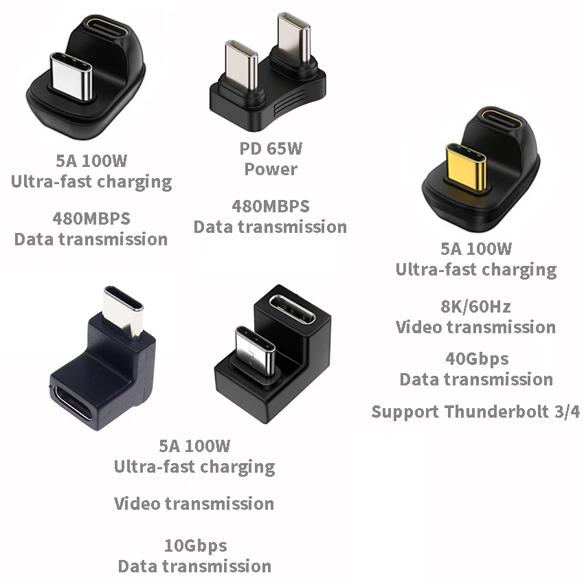 1pcs 40Gbps USB C Angle 180 Degree Adapter USB Type C Adapter Female to Male Converter 5A 100W Fast for Phone Tablet