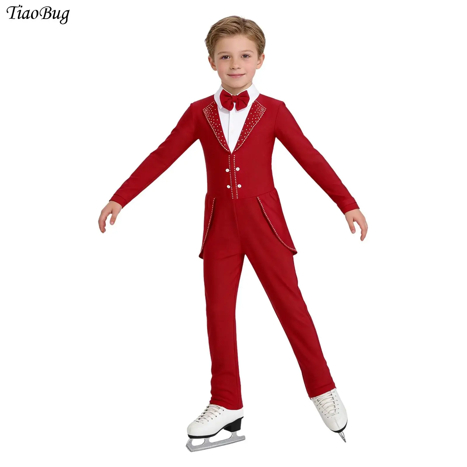

Kids Boys Rhythmic Figure Skating Dance Jumpsuit Latin Full Bodysuit Long Sleeve Rhinestones Ballet Leotard Ballroom Performance