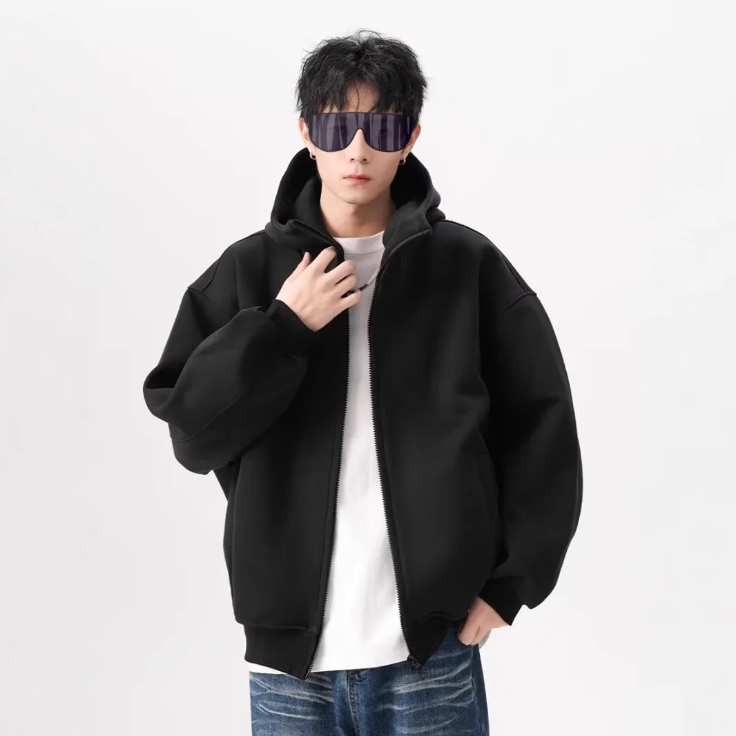 Korean Turtleneck Hoodies for Men Zip Up Hoodies Jacket Autumn Winter Retro Loose Oversized Hooded Sweatshirt Coats Streetwear