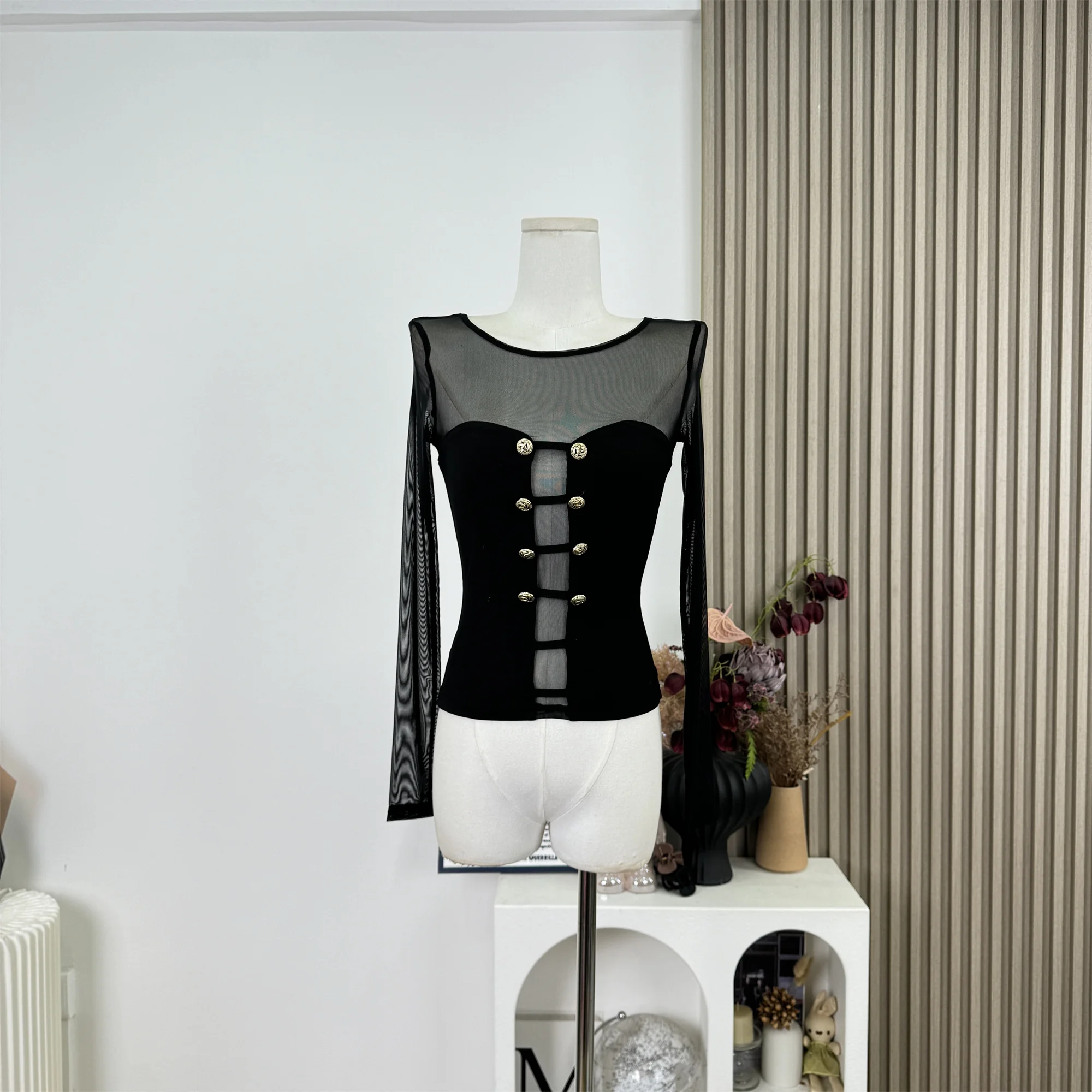 

French Sexy Pure Desire Hollow Out Mesh Patchwork Sweater Top Women's Long Sleeve Slimming Spring Summer Knitted T-shirt F631