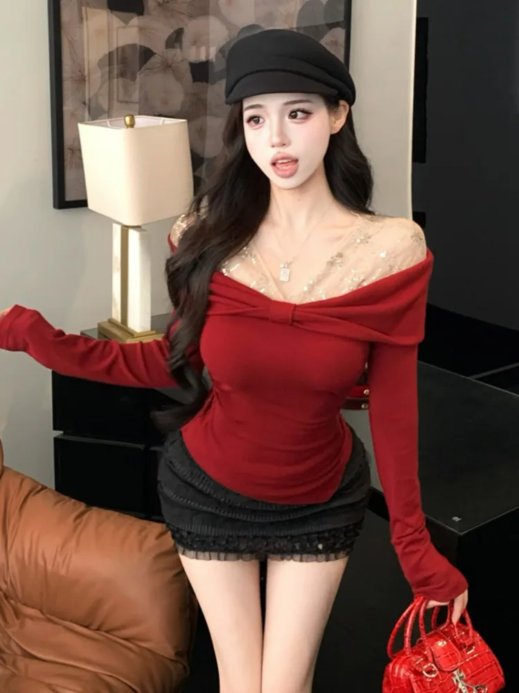 

Lace Patchwork Slim Fit Fashionable Base Shirt Women's Autumn Winter Shiny Chiffon Top Elegant Lady Style Citywalk