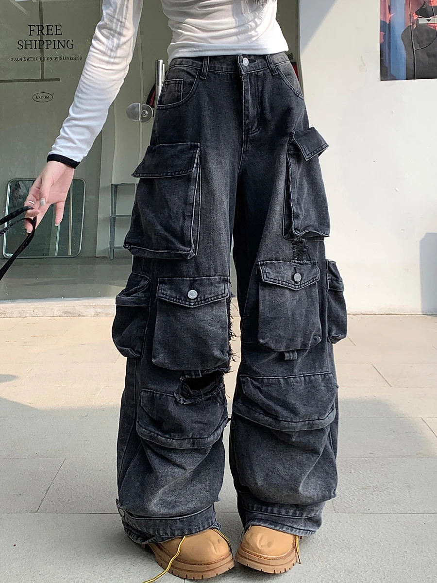 

Ретро-джинсы в американском стиле, многокарманные, рабочие, джинсовые, с высокой талией, свободные, длинные брюки, женские, больших размеров, осень 2023, черные