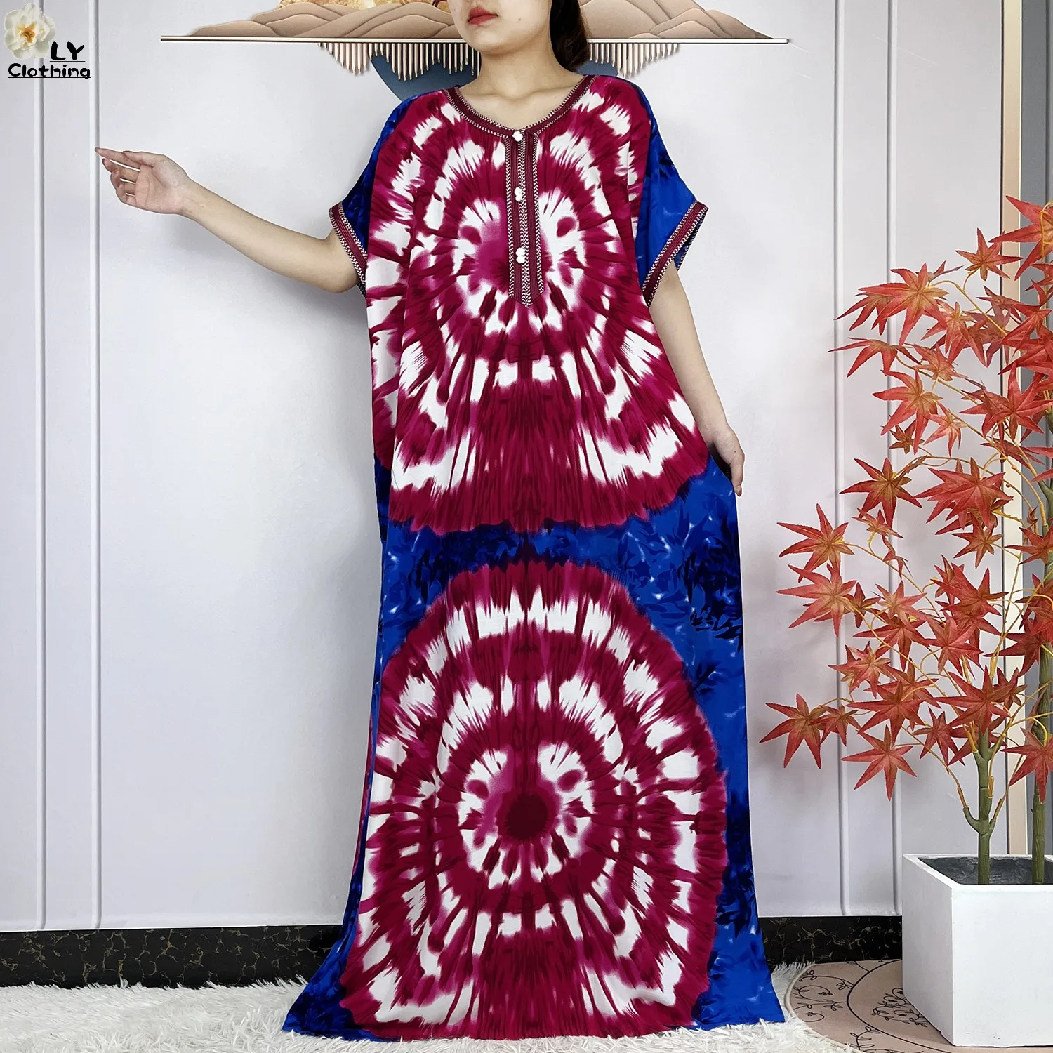 New Summer Short Sleeve African Dashiki Cotton Abaya Woman Elegant Maxi Tie-dyed Floral Loose Style Dubai Fashion Lady Dresses