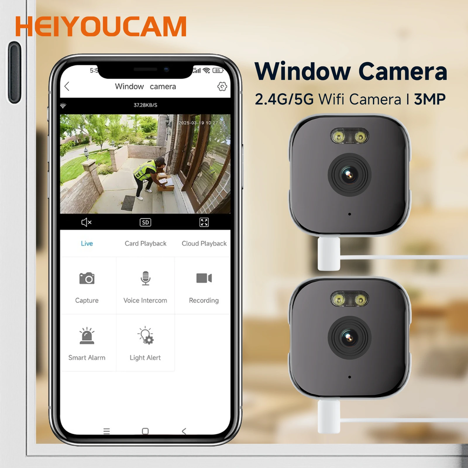 2PCS Window Camera - Replaces Outdoor Cameras | 2.4/5GHz Wi-Fi | 3MP Resolution | Full-Color Night Vision Through Window |