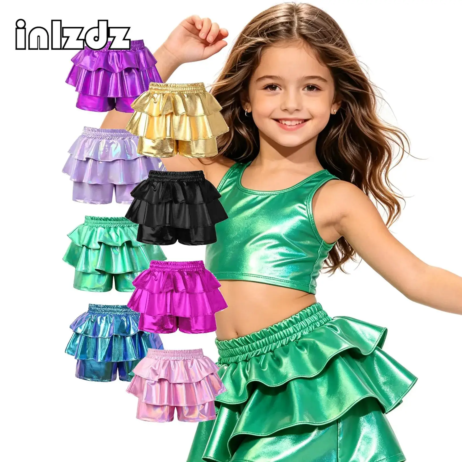 

Carnival Festival Ruffled Shorts Girls Metallic Skater Skort Kids Elastic Waistband Culottes Dance Scooter Bottoms 60s 70s Disco