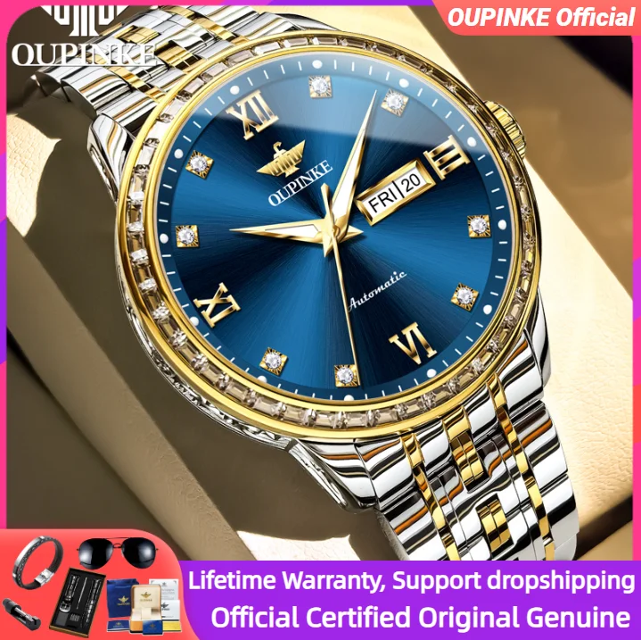 OUPINKE Top Brand Men's Watches Imported Automatic Movement Steel Strap Dual Calendar Display Waterproof Starry Sky Wristwatch