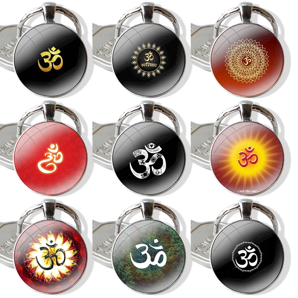 Floral Om Yoga Hindu Aum om yaga Keychain Handmade Glass Cabochon Key Ring Holder Pendant Key Chains