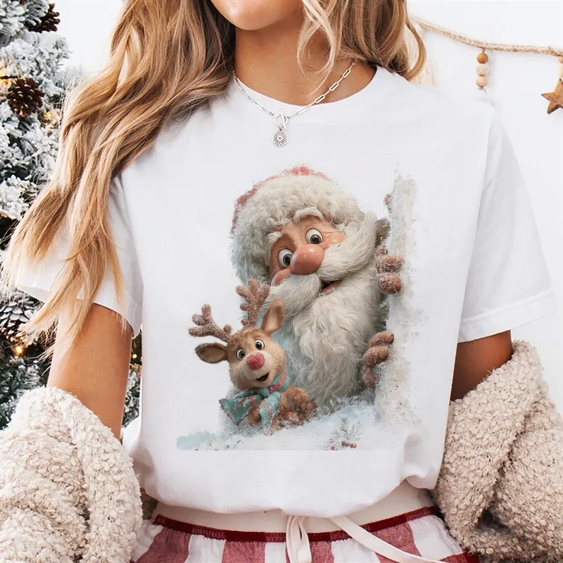 

Fashion Style T-Shirt Santa Claus Reindeer Cute Style Gift Short Sleeved 90s Cartoon Regular Top Women's Popular White T-Shirt