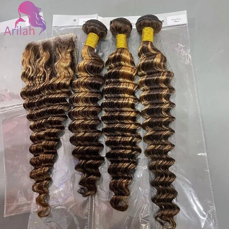 

2/3 шт. P427 Выделенные свободные пучки глубоких волн, пучки человеческих волос с кружевной застежкой 4x4, 100% необработанные бразильские девственные волосы