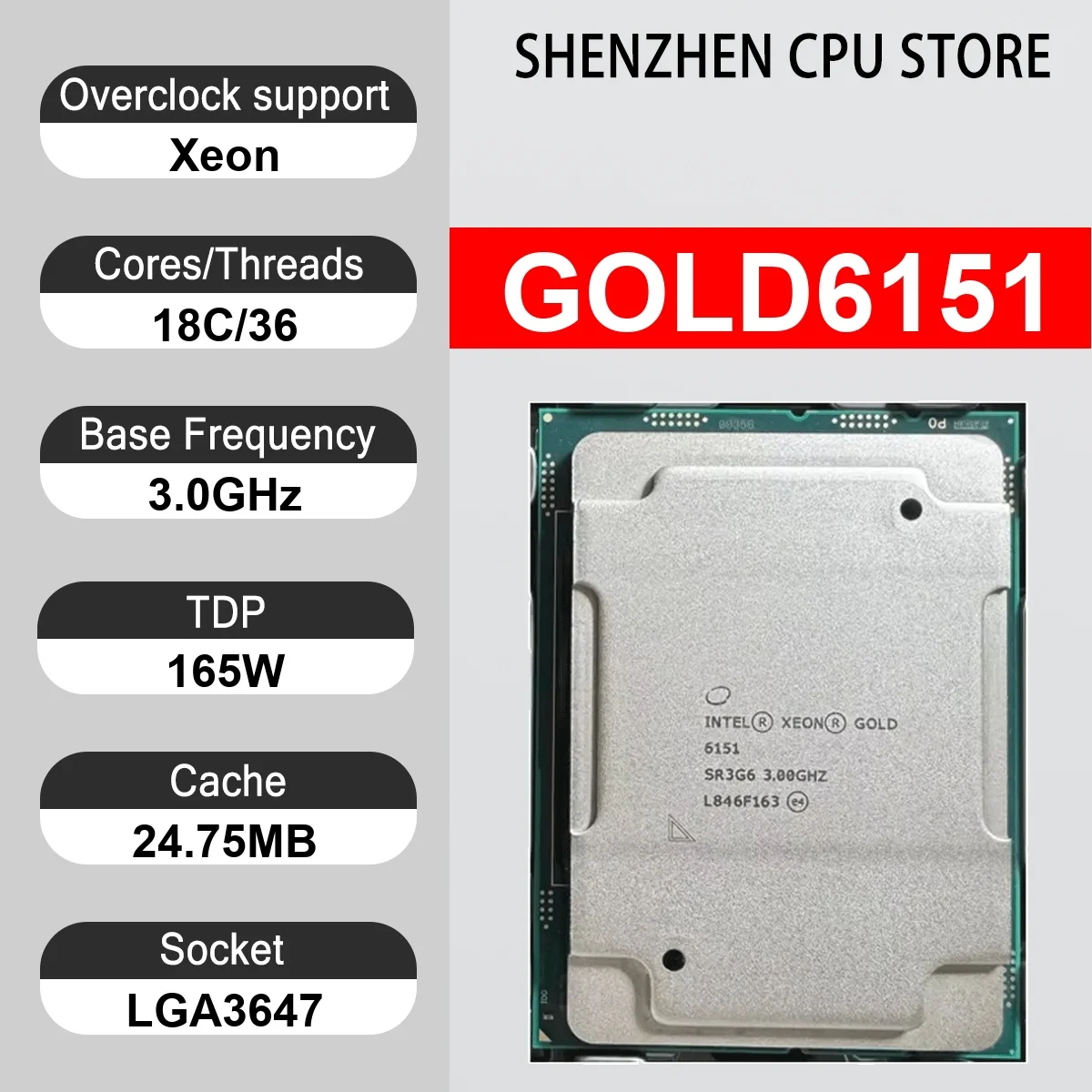 Intel Xeon GOLD6151 18 Core 36 Thread 3.0GHz 165W 24.75MB Cache 14nm Skylake-SP DDR4-2666 MHz SR3XL LGA3647