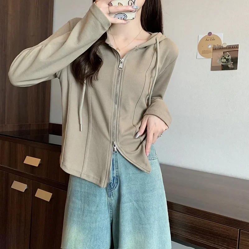 Solid Color Short Jacket Women 2024 Spring and Autumn Slim Thin Hooded Zip Long-sleeved Cardigan Versatile Casual Blouse Female