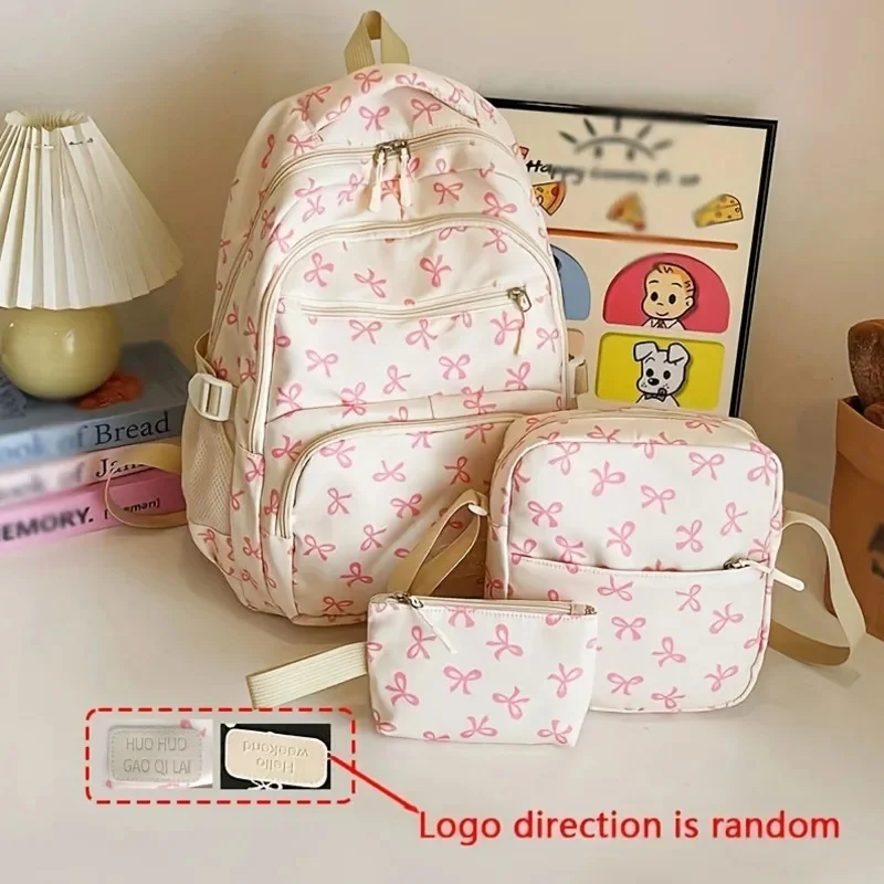 

Back To School Bow Print Cute 3 Piece Backpacks Suit Travel High Capacity Adjustable Strap Women Laptop Computer Backpacks New