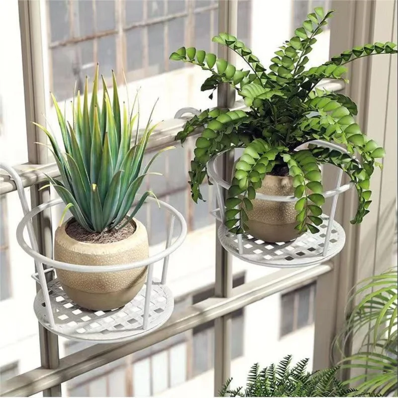 

Iron Balcony Hanging Storage Basket Fence, Window Sill Hanging Planter Rack Practical Space Saving Landscape Potting Shelf