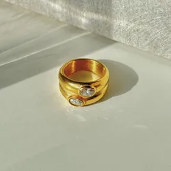 Luxury Gold Color Wide Double Layer Zircon Rings Women Chunky Hyperbloe Stainless Steel White CZ Stone Rings Statement Jewelry