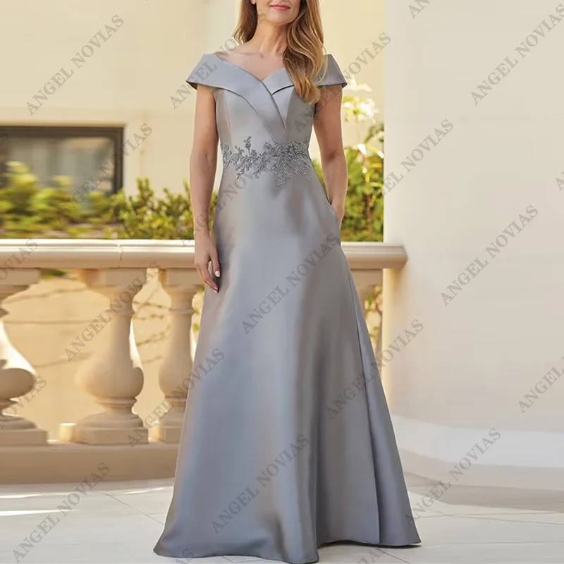 Vestido largo de satén para madre de la novia, traje con bolsillo para invitados de boda, talla grande, largo y elegante