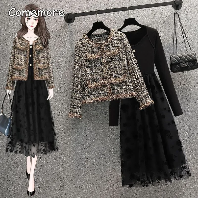 Comemore 2023 New Autumn Vintage Tweed Jacket Coat Women Patchwork Korean Cropped Coats Elegant Short Outerwear Winter Clothes