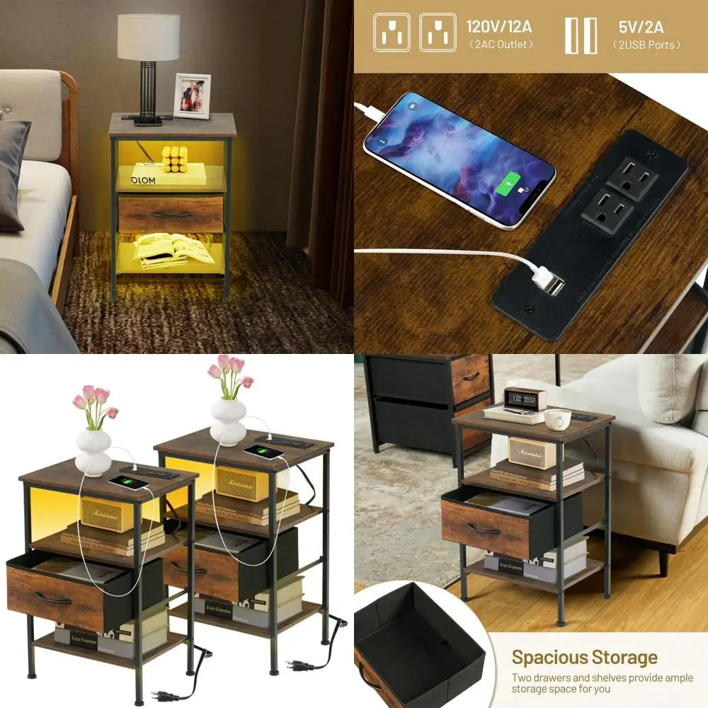 

Прикроватные тумбочки с LED-подсветкой, ящиками и местом для хранения, цвет рустик-коричневый, комплект из 2 штук