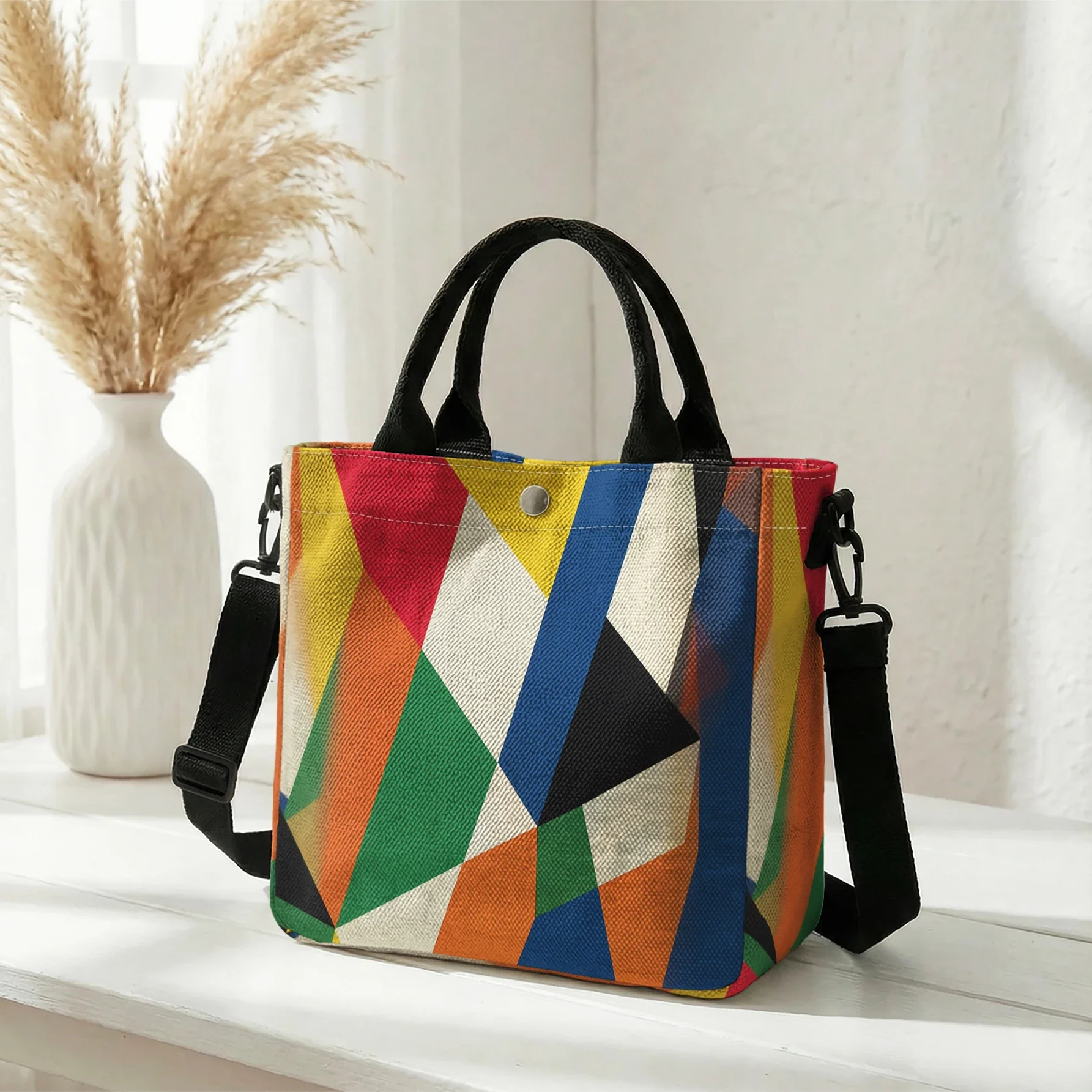 Geometric Color Triangle Print Tote Bag, Detachable Strap Crossbody Handbag For Daily Work Shopping
