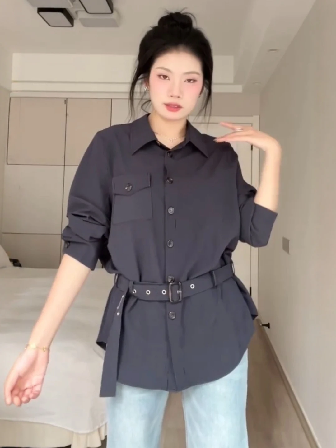 

Tall Women's Blue Striped irt with Belted Waist ket Long Sve Mid-Length French Sle Loose Fit Breathable Spring...