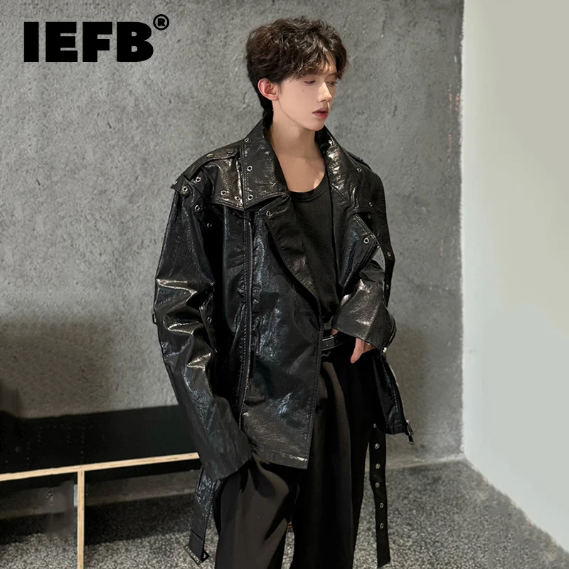 

IEFB Men's PU Leather Jacket Zipper Turn-down Collar Black Jakcets 2024 Autumn New Fashion Tide Motorcycle Men Clothing 9C7051