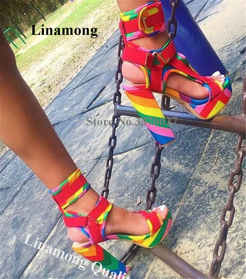 

Colorful Chunky Heel Sandals Linamong Sexy Open Toe HIgh Platform Rainbow Metal Buckles Gladiator Sandals Patchwork Heels