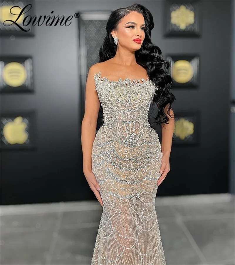 Champagne Beads Party Dress Elegant Evening Dresses For Women Strapless Crystals Gala Dresses Party Gowns Custom Robe De Soirée