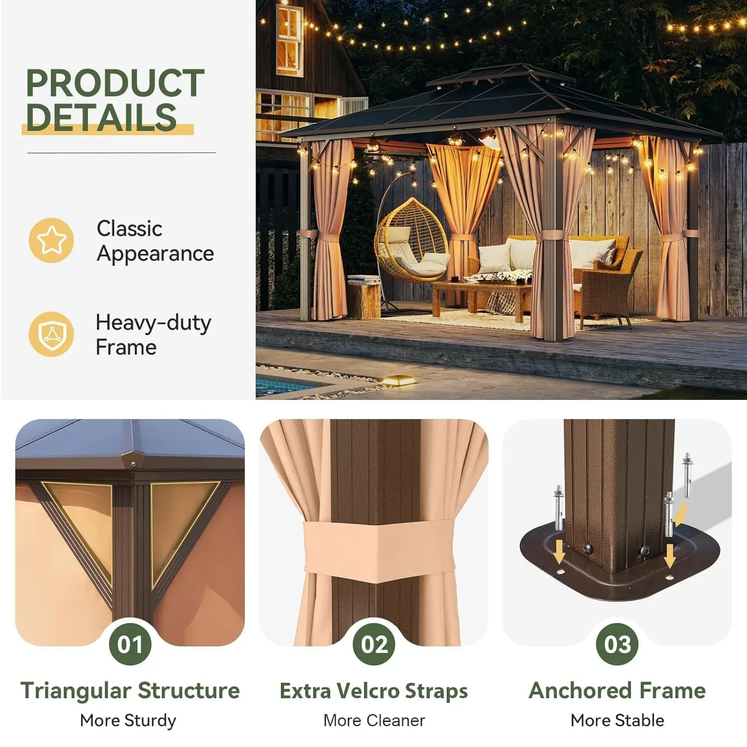 

10'x12' Hardtop Gazebo Aluminum Frame Permanent Outdoor Pavilion with Netting And Curtains Customizable Double Polycarbonate