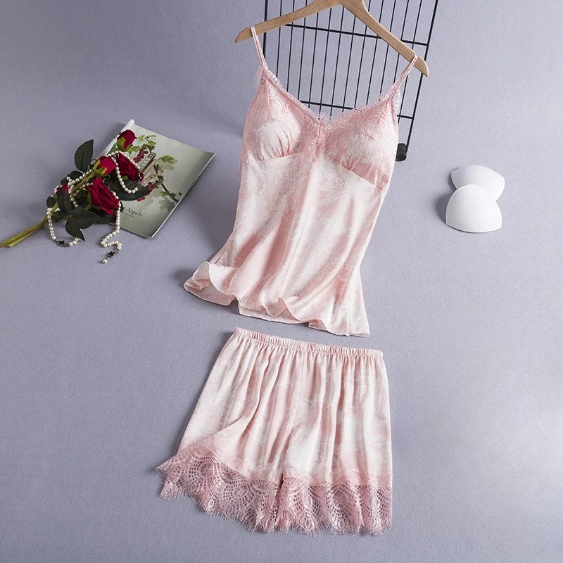 

Summer New Women Strap Top&Shorts Pajamas Set Lace Print Sleepwear Nightwear Lingerie Silky Satin Pijamas Sleep Suit Homewear