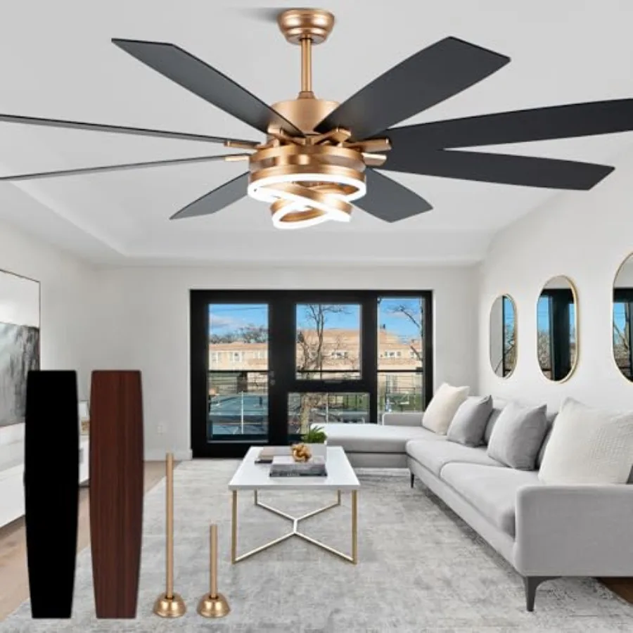 Gold ceiling fans with lights for living room and kitchen: 72-inch modern fan with remote, dimmable lighting, 6-speed reversibl
