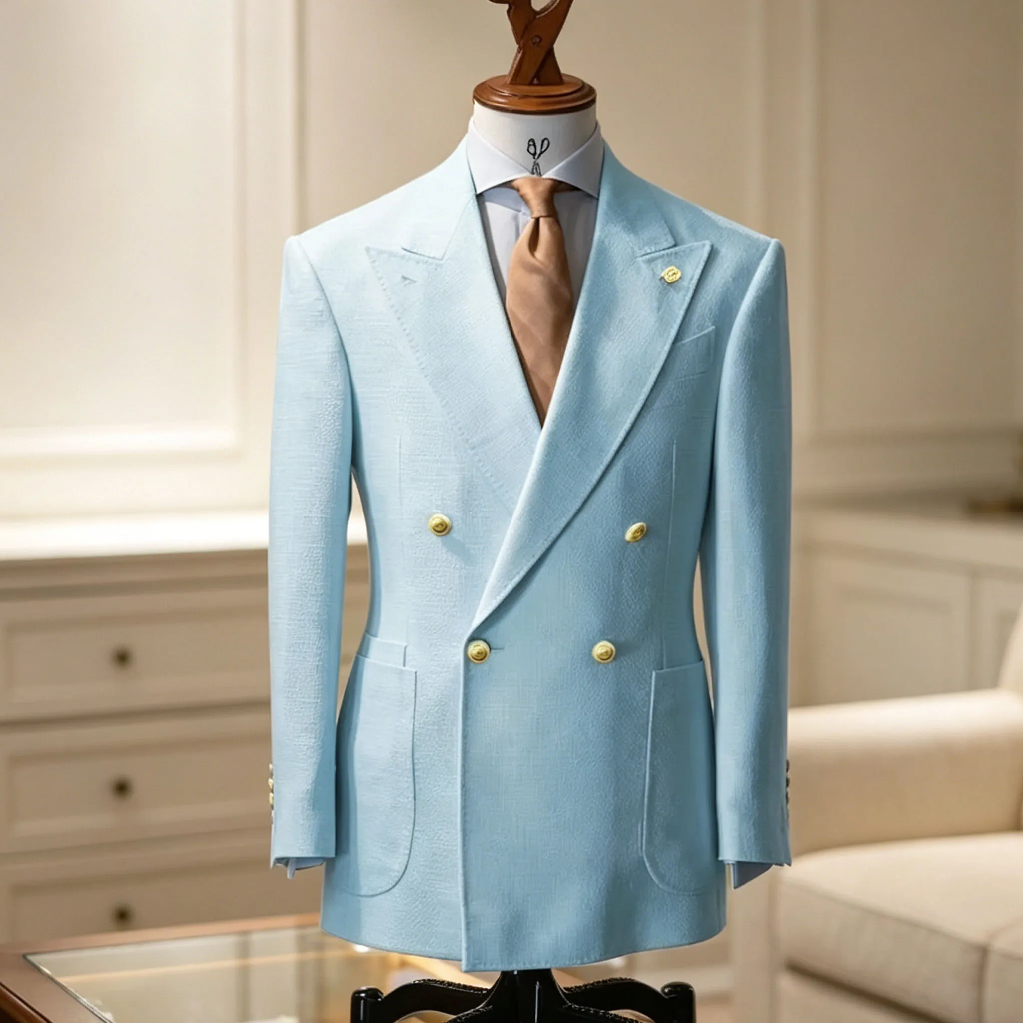 Men's Linen Cotton Blazer Double Breasted Slim Fit Peak Lapel with Gold Button Multi Pocket Jacket Wrinkle Resistant Soft Sport