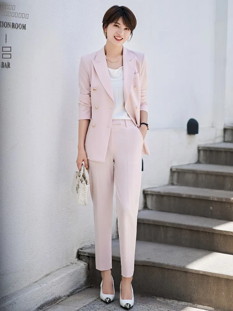 

Розовый костюм-двойка женский, весна 2026, элегантный повседневный деловой пиджак в западном стиле, профессиональная одежда, бренд Jiang Feifei