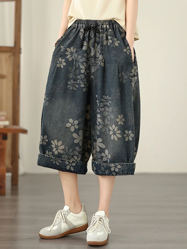 

Loose Casual Fashion Big Size Soft Denim 7/8 Length Pants Women's Summer Slimming Wide Leg Trousers High Waist Straight Cut