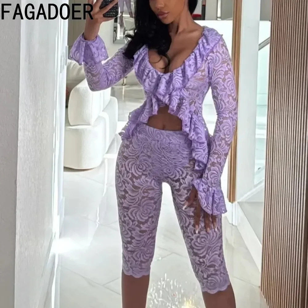 FAGADOER Sexy Lace See Through 2 Piece Sets Woman Outfit Mesh Hollow Out Crop Top and Shorts Suit Female Y2K Streetwear Clothing