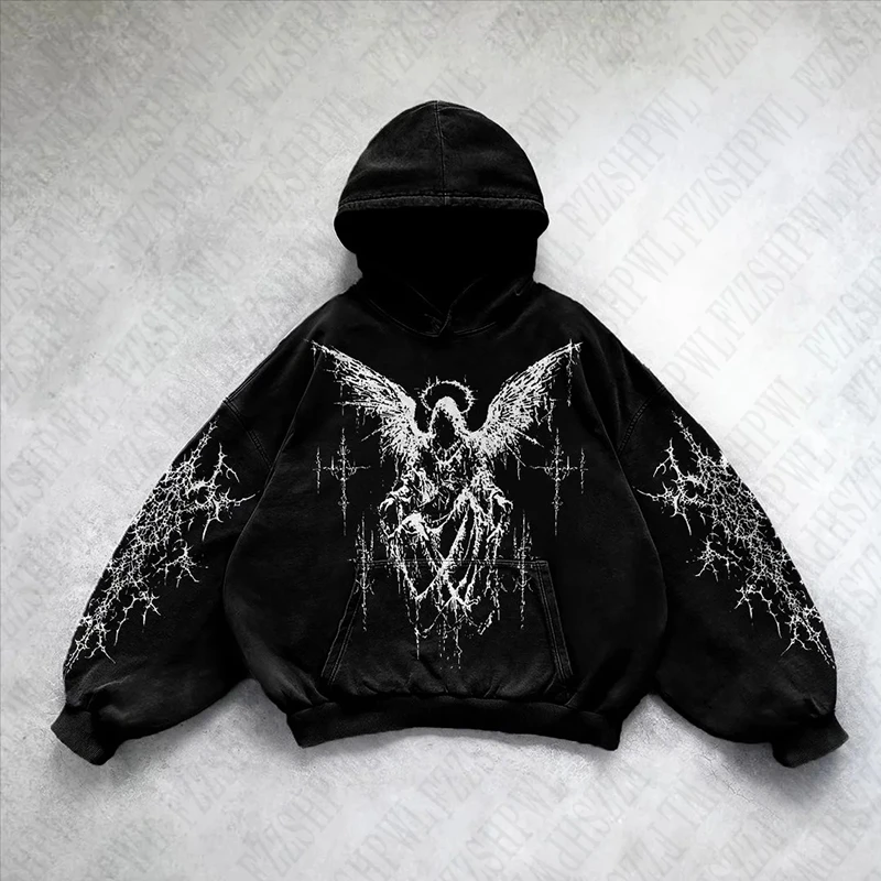 Oversized Y2K Hooded Sweatshirt Men Clothes Hip Hop Harajuku Graphic Print Grunge Goth Aesthetics Fashion Pullover Punk Unisex