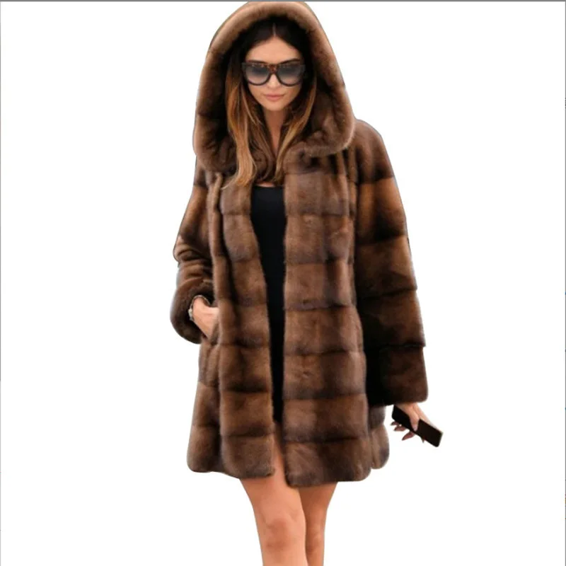 Women Faux Fur Jacket Mid Length Coats Thick Warm Open Stitch Coat Hooded Full Sleeve Casual Elegant Splice Autumn Winter 2025