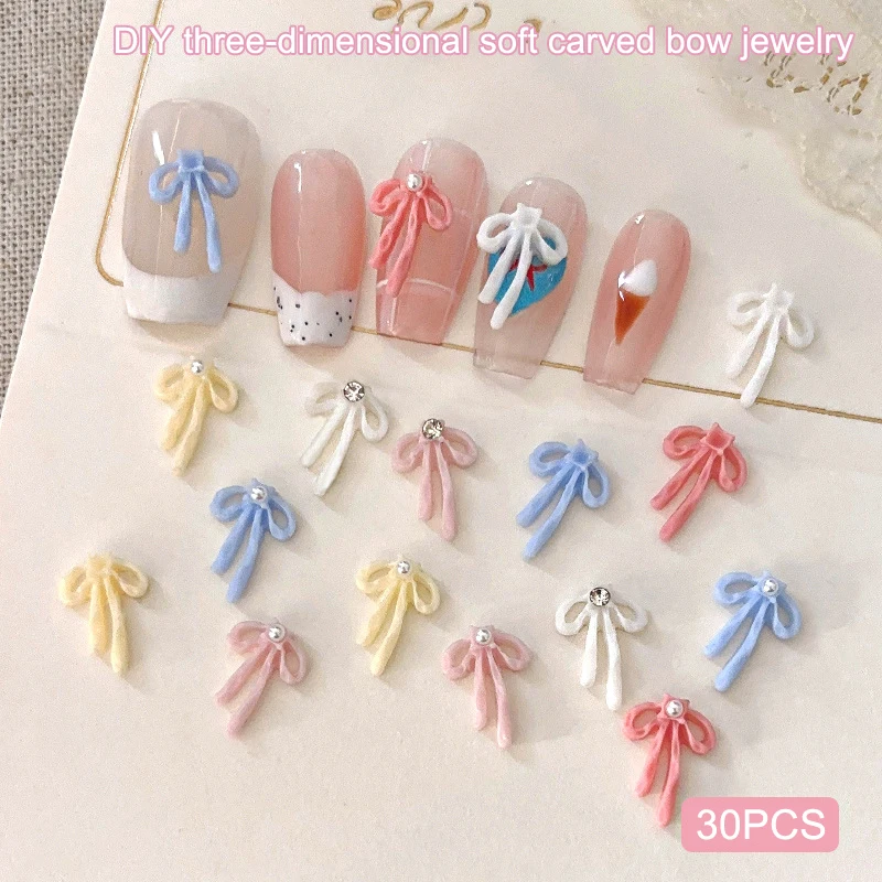 

30Pcs Candy Color Bow Nail Art Accessories Ribbon Bow 3D Resin Nail Charms Cute Ribbon Japanese Nail Decoration Accessories