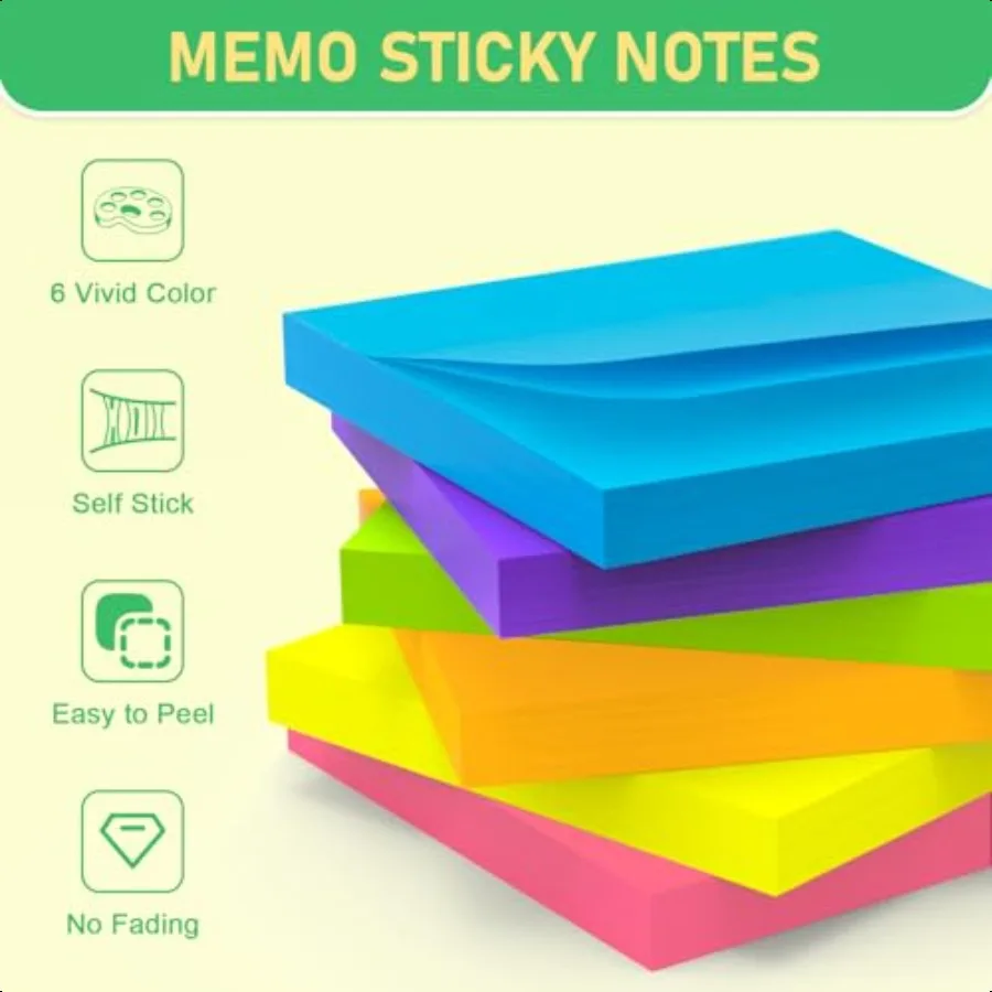 Sticky Notes 3x3 Inch 48 Pads Bright Colors SelfStick Memo Pads Thick Paper Easy to Stick Remove