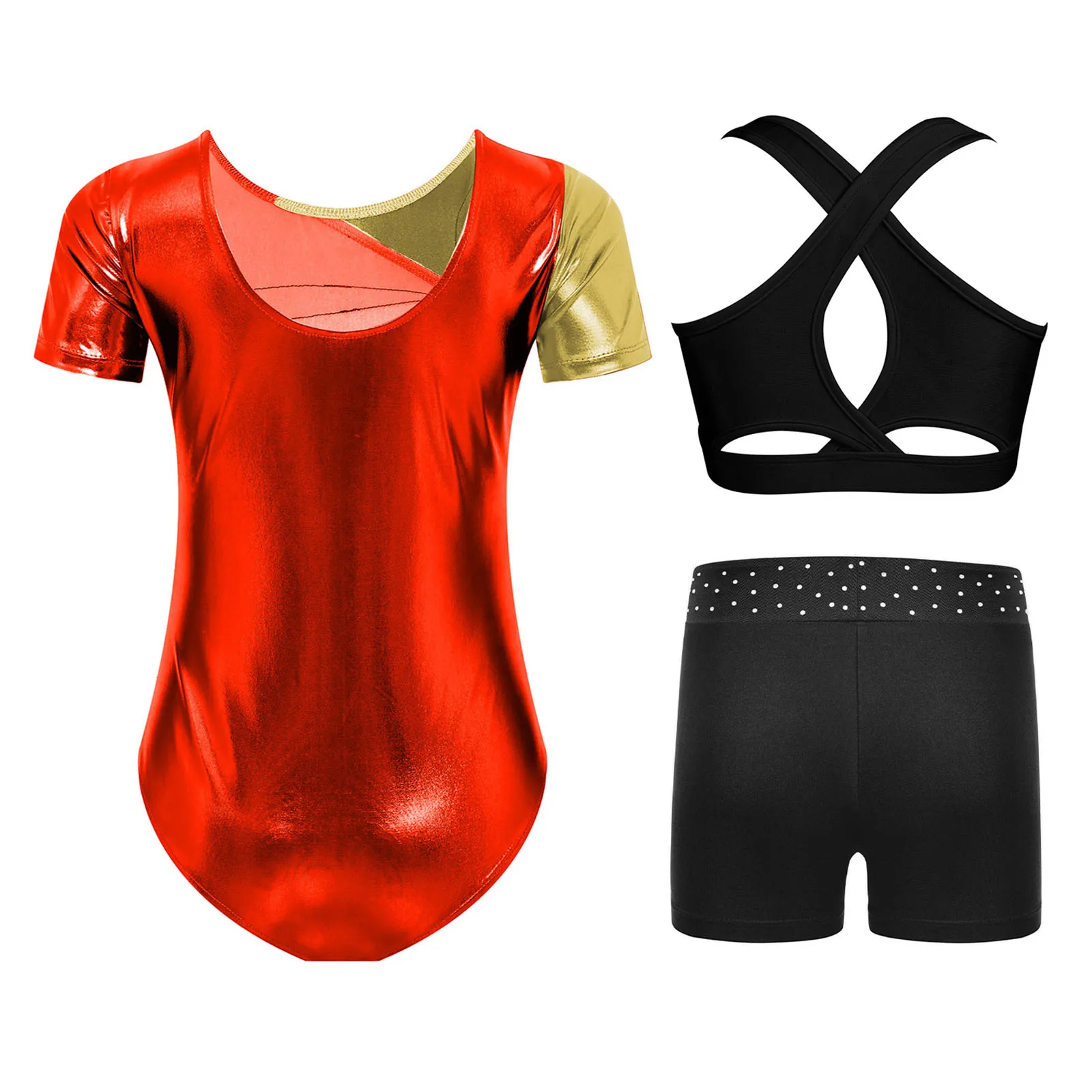 

Kid Girl 2-piece Gymnastics Outfit Short Sleeve U Back Color Block Leotard with Cropped Vest And Shorts Ballet Skating Dancewear