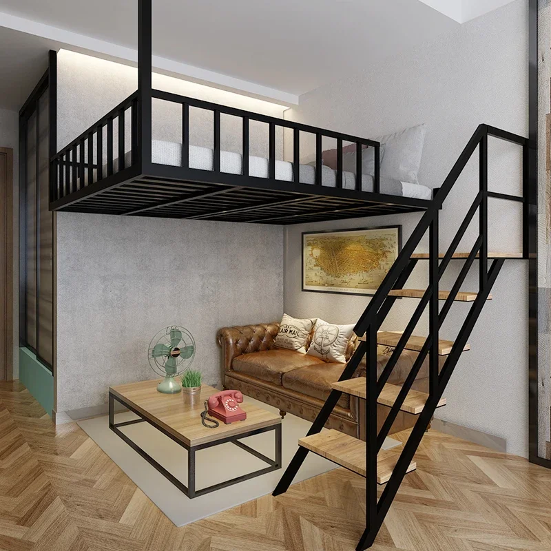 Simple small apartment loft bed hanging princess bed wrought iron space saving double bed dormitory apartment bunk